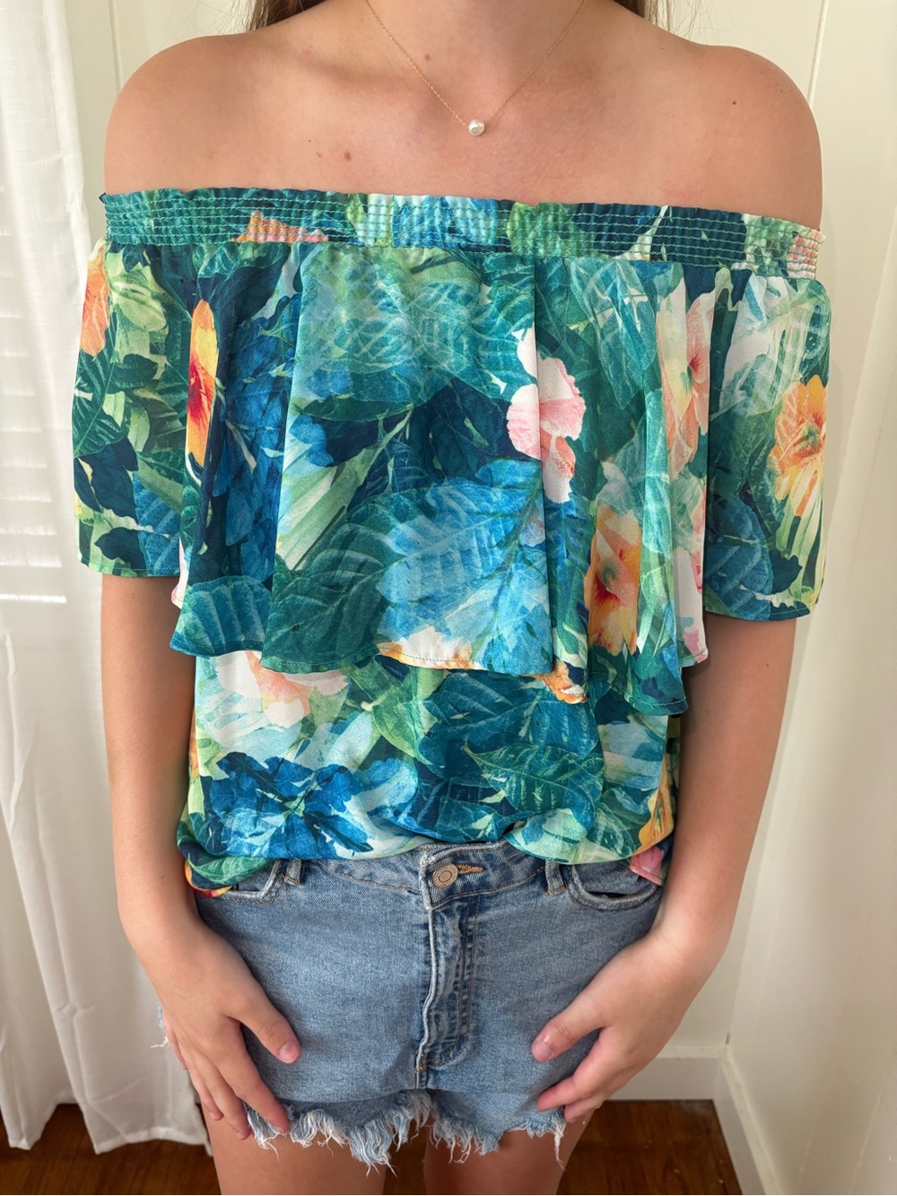 Show Me Your MuMu Teal Tropical Off-Shoulder Crop Top